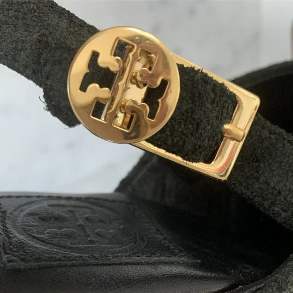 Tory Burch Blue Suede Sz 8 Logo Studded Slingback Wooden Heels Clogs - Picture 6 of 8